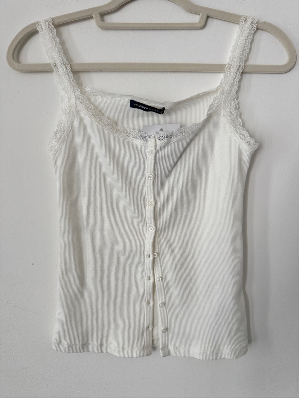 Brandy Melville White Lace-Trim Ribbed Button-Front Tank Top